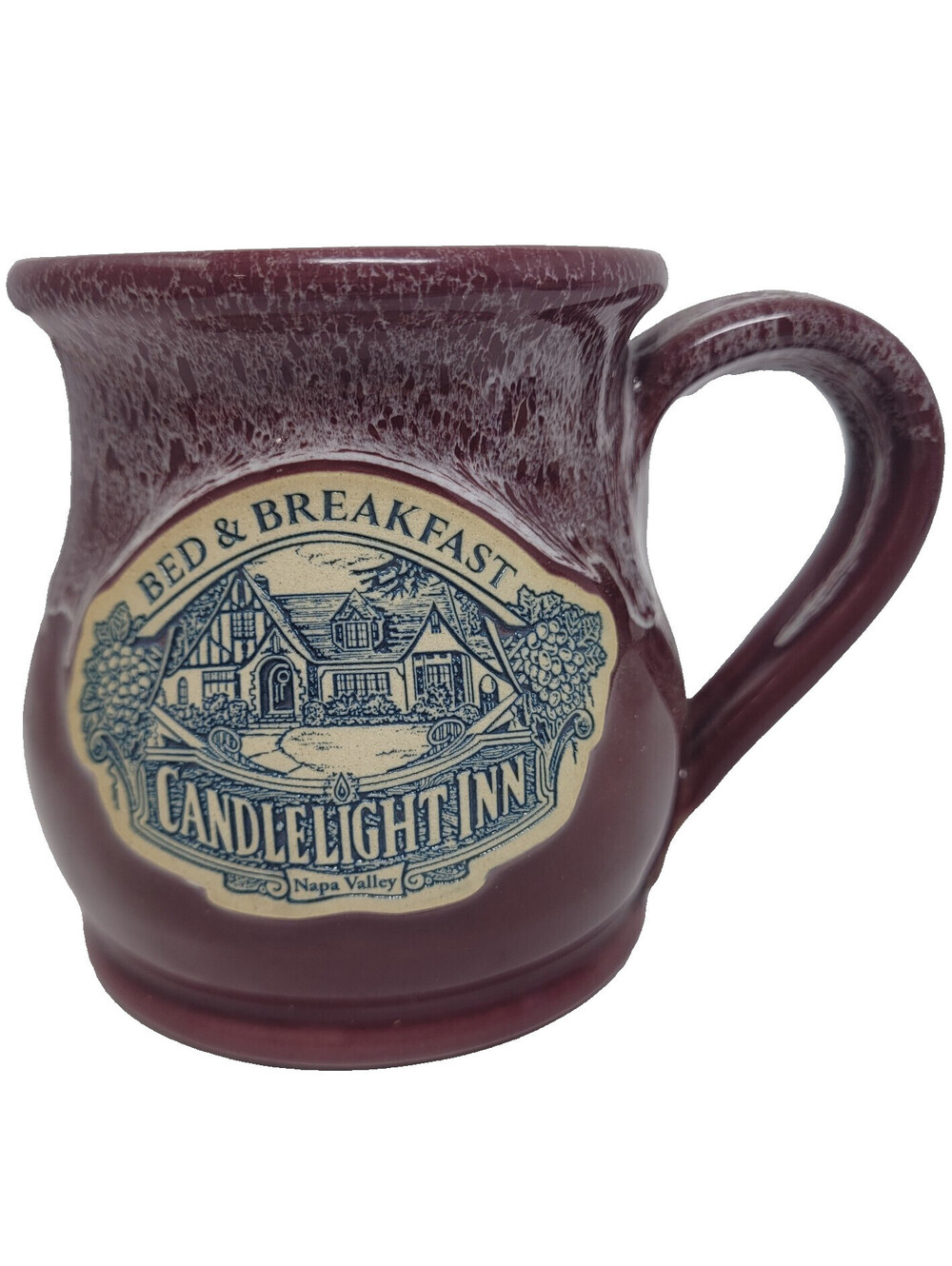 Deneen Pottery Candlelight Inn Napa Valley CA Coffee Mug Maroon White Drip Glaze